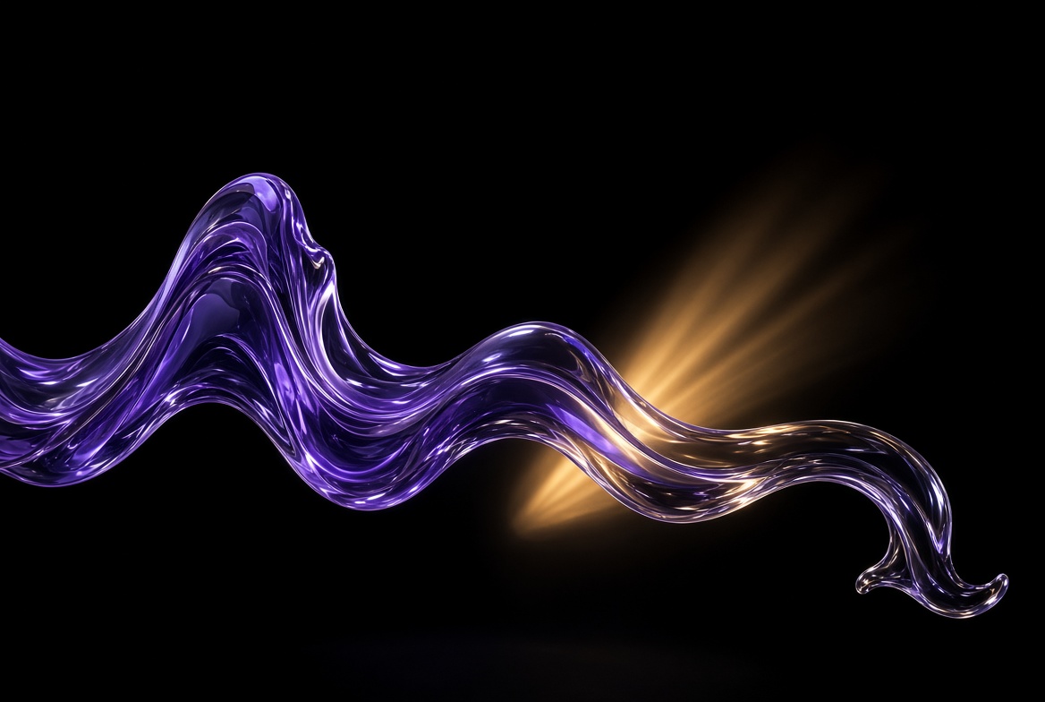 Forma de vidrio líquido violeta con un haz de luz cálida, sugiriendo un foco de escenario — referencia visual generada para la sección artística.