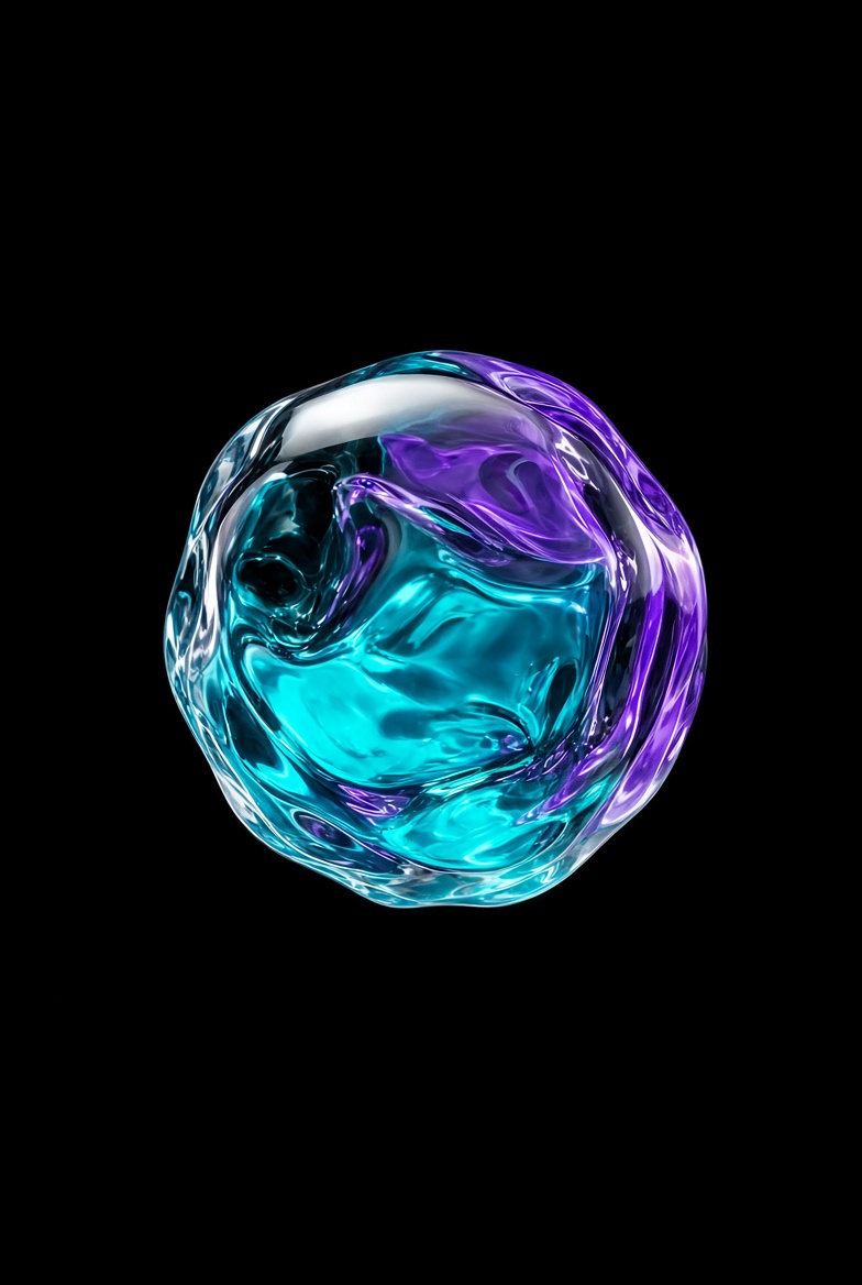 Esfera de vidrio líquido translúcido, aqua y violeta sobre negro — referencia visual generada para esta dirección de diseño.